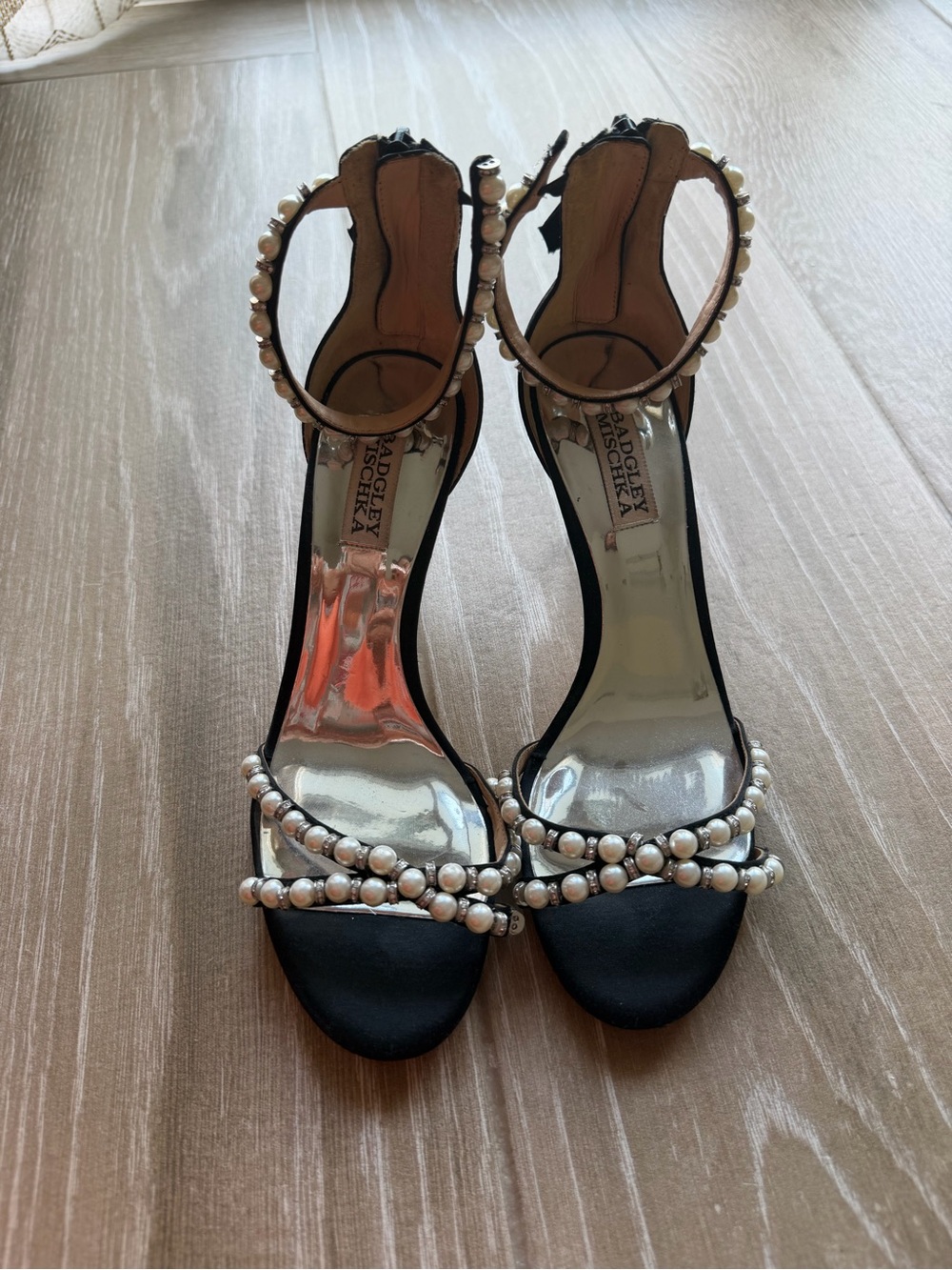 Badgley Mischka Black Pearl-Embellished Ankle-Strap Sandals